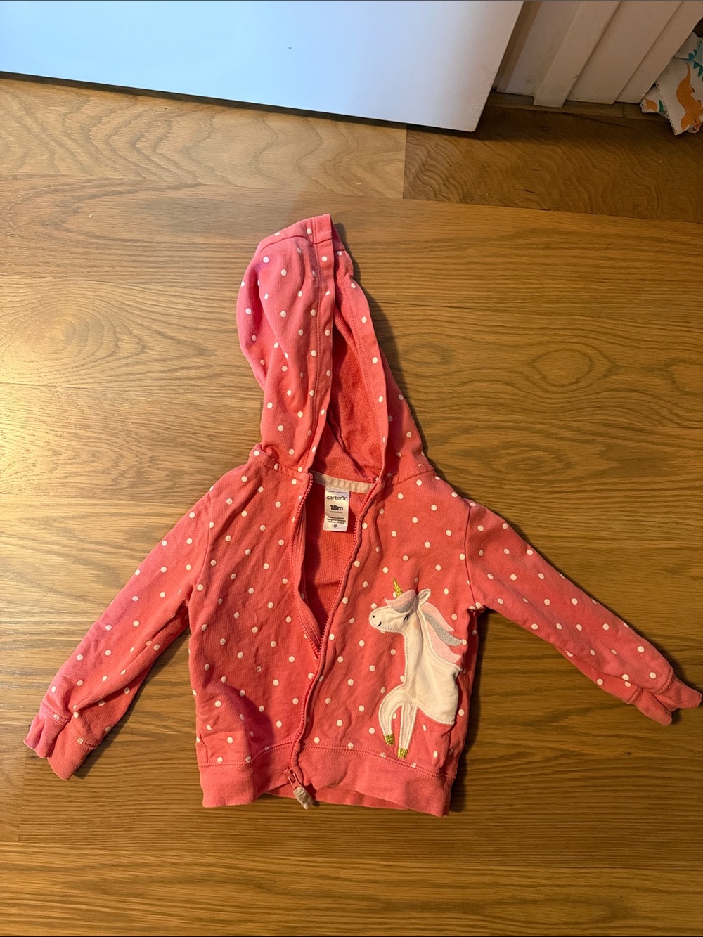 Carter's Coral Pink Polka Dot Hoodie with Unicorn Applique 18M